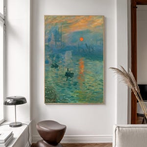 Arte digital de pared "Amanecer" de Claude Monet / Imprimible con escena portuaria impresionista / Descarga de póster de pintura "Atardecer en el océano" inspirada en Monet