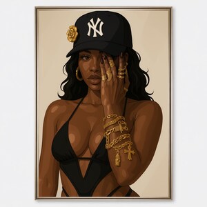 Black Woman Urban Style Digital Art | Gold Jewelry Hip Hop Fashion Wall Art | Afrocentric Streetwear Babe Poster | Printable Wall Decor