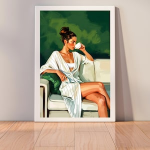 Modern Woman Drinking Coffee Digital Wall Art Print, Self-Care Morning Routine Poster, Minimalist Fashion Portrait, Relaxing Home
