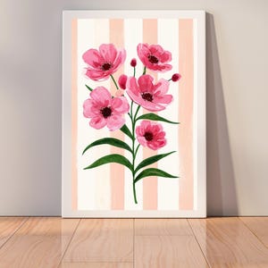 Pink Floral Watercolor Digital Print, Striped Background Flower Wall Art, Feminine Botanical Decor, Cottagecore Nursery Art Poster Download