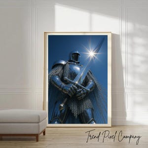 Medieval Knight Digital Wall Art Printable, Shining Armor Sword Poster, Fantasy Warrior Art, Instant Download, Gothic Home Decor