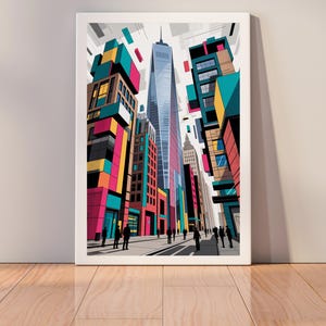 Modern Cityscape Digital Wall Art Print, Colorful Urban Architecture Illustration, Contemporary Skyscraper Poster, New York City Decor