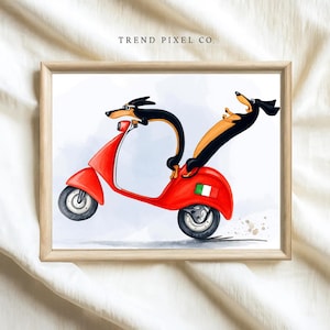 Arte mural imprimible con diseño de perro salchicha en motocicleta, decoración de perro scooter rojo, impresión de perro motociclista italiano, póster digital de mascota caprichosa