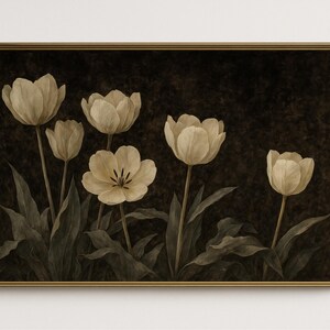 Vintage Tulip Wall Art Print, Dark Floral Botanical Print, Antique Botanical Flower Art, Elegant Vintage Tulip Painting, Moody Wall Decor