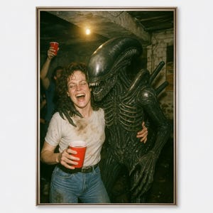 Póster divertido de fiesta de extraterrestres, arte mural retro de ciencia ficción, impresión de terror espacial de los 80, decoración vintage de criaturas alienígenas, obra de arte de película de ciencia ficción genial