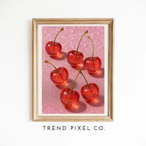 Cherry Wall Art Print, Retro Kitchen Decor, Bright Red Fruit Photography, Pop Art Style Cherry Poster, Glam Pink Aesthetic Printable