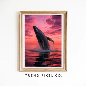 Humpback Whale Breaching at Sunset Wall Art | Ocean Wildlife Photography Print | Marine Nature Decor for Coastal & Beach House Interiors