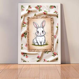 Cute White Bunny Digital Wall Art Print, Vintage Style Nursery Rabbit Illustration, Spring Easter Animal Decor, Baby Room Bunny Poster