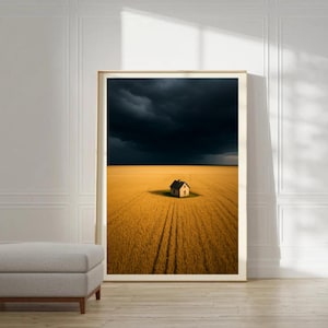 Isolated Farmhouse in Golden Wheat Field Under Stormy Skies – Minimalist Landscape Printable Wall Art for Rustic Home Decor
