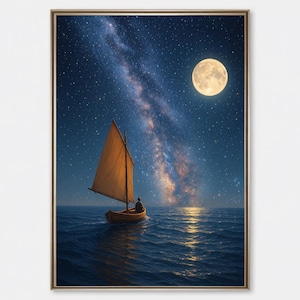 Segelboot im Mondlicht Wand Kunst zum ausdrucken, Verträumtes Meer Nacht Himmel Poster, Galaxie Sternenhimmel Digitaldruck, Nautisches Wohnkultur