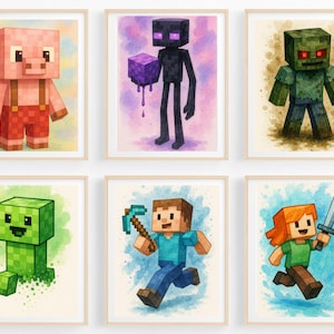 Pixel Style Watercolor Game Art Prints Bundle, Cute Blocky Character Wall Decor for Kids Room, Digital Gamer Poster Download Set