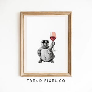 Cool Turtle Wine Wall Art Printable, Funny Turtle with Sunglasses Poster, Whimsical Animal Art Download for Bar Kitchen or Man Cave Decor