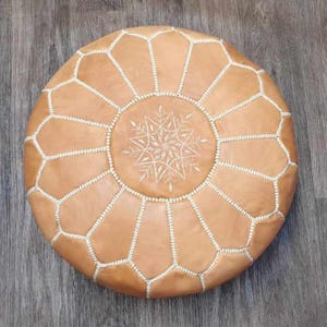 Handmade Moroccan Leather Pouf Ottoman with White Stitching, Round Tan Pouf, Footstool, Floor Cushion, Natural Home Decor, New Home Gift