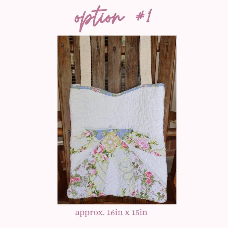 May include: White quilted tote bag with floral patchwork design, approximately 16in x 15in. Features a light blue trim and cream-colored straps. The bag is displayed on a wooden chair, showcasing its shape and details.