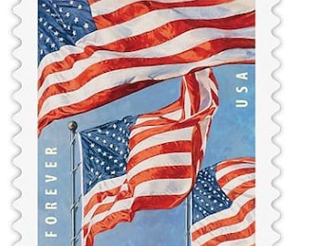 May include: A Forever USA postage stamp featuring a painting of three American flags waving in the wind against a blue sky. The stamp has a white border with the year 2022 printed at the bottom.