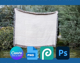 Outdoor Woven Blanket Mockup for Canva and Photoshop PSD PNG Digital Template Jacquard Fringed Woven Blanket Mockup Smart Object