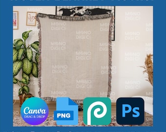 Fringed Woven Throw Blanket Mockup  | Canva and Photoshop Templates, Realistic Texture, Digital Download Canva Drag & Drop PNG