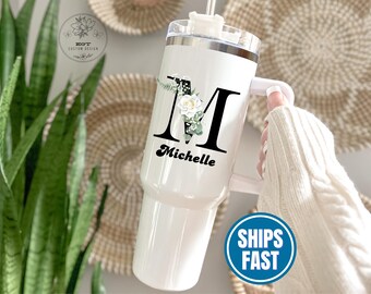 Custom 40 oz Tumbler with Floral Initial & Name, Custom Gift for Her, Bridesmaids, Friends, Name and Initial Tumbler Monogram Floral Tumbler