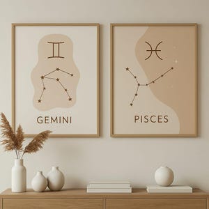 Benutzerdefinierte Sternzeichen Wandkunst, personalisierte Astrologie Poster Set, zwei Sternzeichen druckbare Dekor, moderne Horoskop-Konstellationsdruck