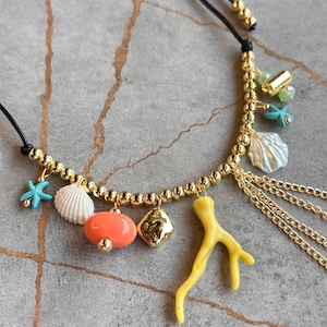 Pearl and Coral Charm Cord Necklace – Handmade Boho Jewelry – Adjustable Summer Necklace – Beach Gift for Her