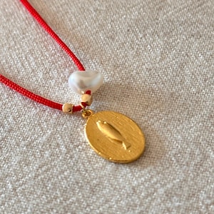 Gold Plated Fish Necklace: Red Cord, Adjustable Length