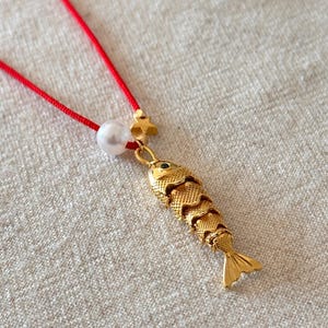Gold Plated Fish Pendant Necklace, Red Cord, Adjustable Length