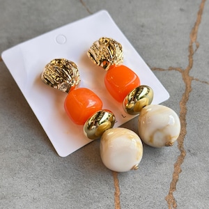 Bold Retro Statement Earrings | Orange Gold Drop Earrings | Chunky Bead Earrings | Vintage Inspired Dangle Earrings