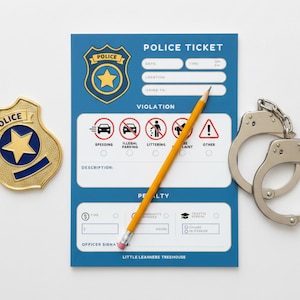 Kids Police Ticket Pad, 50 Page Pretend Play Notepad, Imaginative Role Play Activity, Screen Free Summer, Gift for Kids, Policeman Game