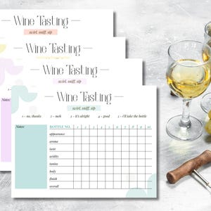 May include: Four rectangular wine tasting scorecards with white backgrounds and pastel accents. Each card features the text Wine Tasting, swirl, sniff, sip, and a grid for rating ten bottles based on appearance, aroma, taste, acidity, tannins, body, and finish.