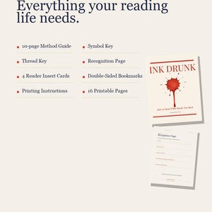 May include: The Ink Drunk complete kit includes a 10-page method guide, symbol key, thread key, recognition page, 4 reader insert cards, double-sided bookmarks, printing instructions, and 16 printable pages. The kit features a book cover with a red ink blot.