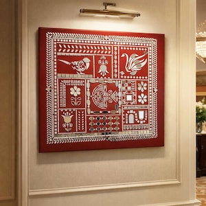 Könnte beinhalten: Ein quadratisches, rotes Wandbild mit einem detaillierten Spiegeldesign. Das Design umfasst Blumen-, Vogel- und geometrische Muster. Das Kunstwerk ist an einer Wand mit einer Messing-Leuchte darüber angebracht und bildet einen dekorativen Akzent.