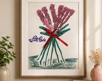Handmade 3D Floral Canvas Art with Ribbon – Textured Mixed Media Wall Decor – Gift for Her – Minimal Home Decor – “With Love” Art