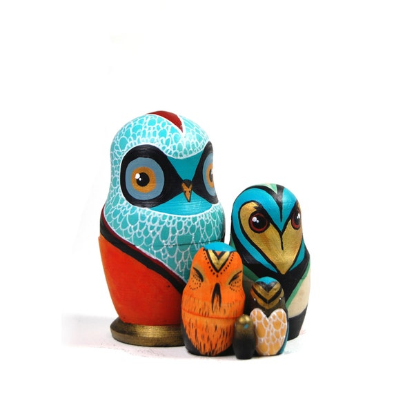 Custom Russian Owls - Hand Painted wood stacking/nesting Dolls - Set of 5 Owls - CUSTOMISED LISTING - Original One of a Kind