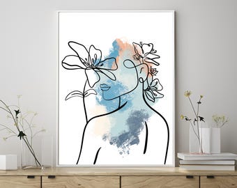Minimalist Woman Silhouette Illustration Downloadable One Line Drawing Delicate Watercolor Wall Art – Printable Digital Art for Home Decor