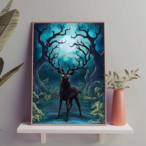 A3 A4 Illustration cerf noir mystique avec bois immenses, affiche fantasy esprit de la forêt sous la lune, forêt fantastique sombre