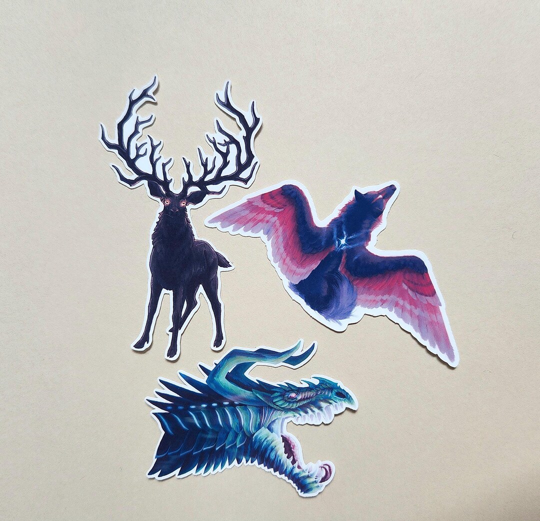 Fantasy Sticker Pack : Blue and Pink Winged Wolf, Black Deer With ...