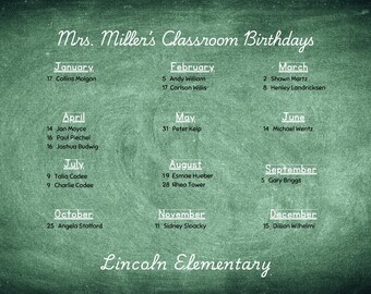 Custom Classroom Milestone Wall Art – Printable Student & Teacher Birthday Calendar – Digital Download