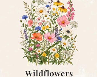 Wildflower PNG, Watercolor Floral PNG, Botanical Flower Clipart, Meadow Flowers, Sublimation Design, Transparent Background