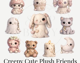 Creepy Cute Plush Friends Clipart PNG, Pastel Goth Characters (Digital Download)