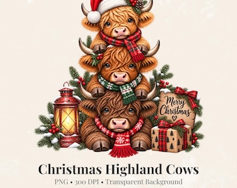 Highland Cow Christmas PNG, Stacked Highland Cows, Cute Christmas Cow Design, Holiday Sublimation PNG, Farmhouse Christmas Digital Art