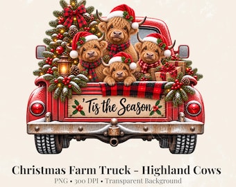 Christmas Farm Truck - Highland Cows PNG, Tis the Season Clipart, Holiday Sublimation.