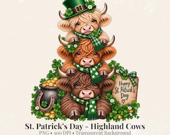 St Patrick’s Day Highland Cow PNG, Stacked Highland Cows, Cute Shamrock Cow Sublimation, Lucky Cow PNG, St Paddy’s Day Clipart