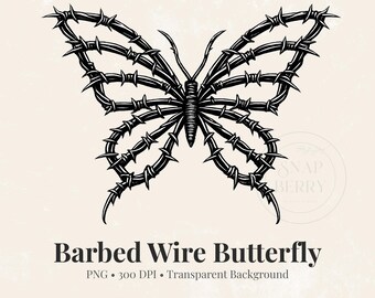Barbed Wire Butterfly PNG, Gothic Tattoo Style Clipart (Digital Download)