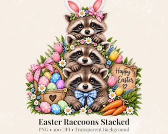 Easter Raccoon PNG, Stacked Raccoons with Bunny Ears, Spring Animal Clipart, Easter Sublimation, Floral Raccoon Design