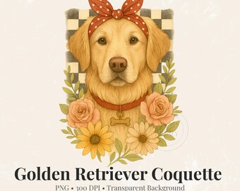 Golden Retriever Coquette PNG: Boho Flowers, Retro Checkered Design (300 dpi Digital Download)