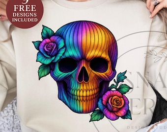 Neon Halloween Skull Roses PNG: Sublimation Design (Digital Download)