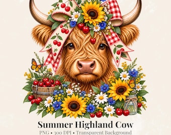 Summer Highland Cow PNG, Sunflower Cow Clipart, Floral Highland Cow, Farmhouse Sublimation Design, Western PNG, Cow Clipart.