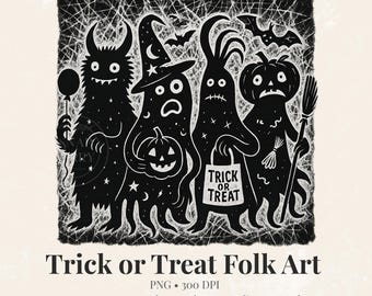 Trick or Treat Folk Art Halloween PNG, Spooky Monsters, Whimsical, Creepy (Digital Download)