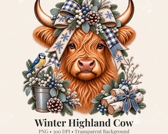 Winter Highland Cow PNG, Cow Winter Clipart, Winter Farmhouse Sublimation, Rustic Highland Cow, Blue Cow PNG, Winter Western Design