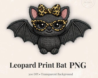 Embroidered Leopard Bat PNG, Coquette Bow Clipart (Digital Download)